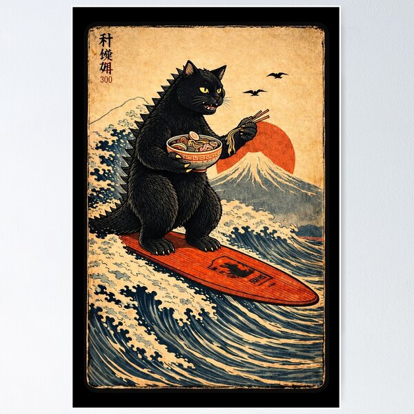 Artikelvorschau, Catzilla surft auf der Großen Welle und isst dabei Ramen-Nudeln. entworfen und verkauft von keytee.