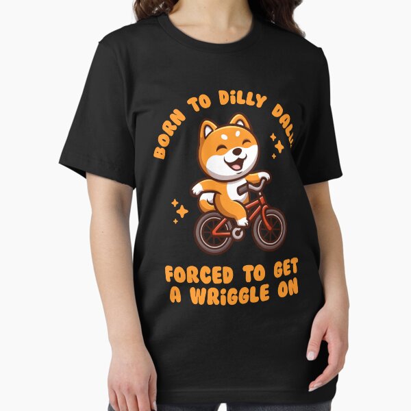 Aperçu de l'œuvre Shiba Inu rigolo - Né pour Dilly Dally, forcé de se dégourdir les pattes - mignon motif de chien à vélo (sur couleurs foncées) créée et vendue par messy-nessie.