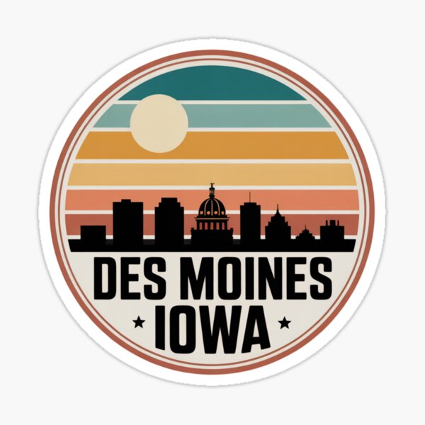 Aperçu de l'œuvre Des Moines, Iowa : Badge rétro bleu sarcelle, orange et jaune représentant le coucher de soleil sur la skyline créée et vendue par CircinusStore.