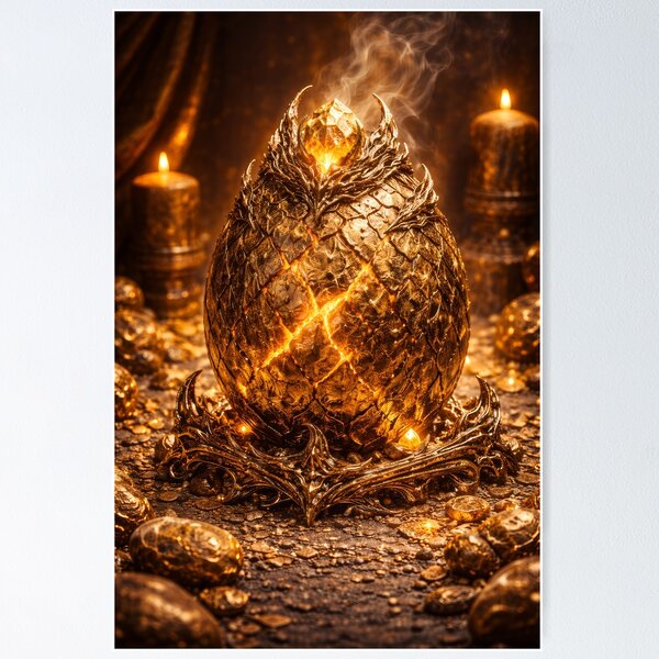 Aperçu de l'œuvre Œuf de dragon doré – Œuf mystique ancien, fissuré par la lave, fantastique, artefact magique, scène de dark fantasy, œuf lumineux, illustration de fantasy cinématographique créée et vendue par DrakariArt.