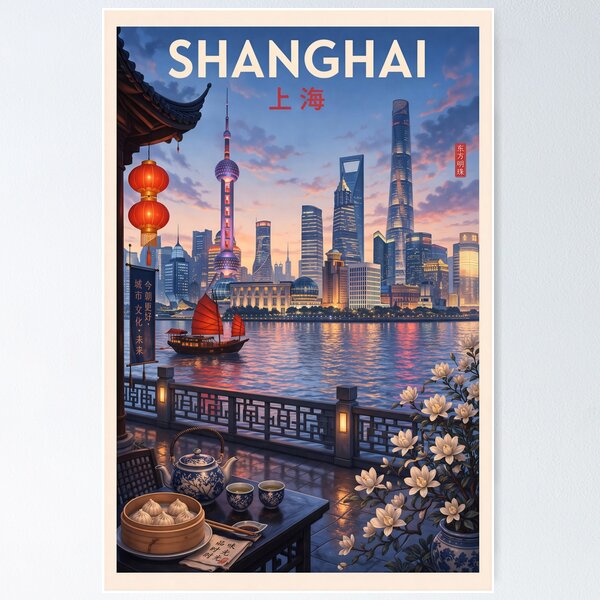 Aperçu de l'œuvre Affiche de voyage rétro de Shanghai – Art mural moderne de la ville chinoise créée et vendue par ArtYouFeel.