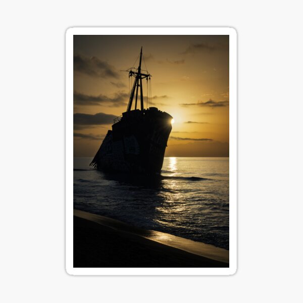Artikelvorschau, Silhouette eines verlassenen Schiffes bei Sonnenaufgang in Griechenland entworfen und verkauft von PhotoArt by Joan Carroll.