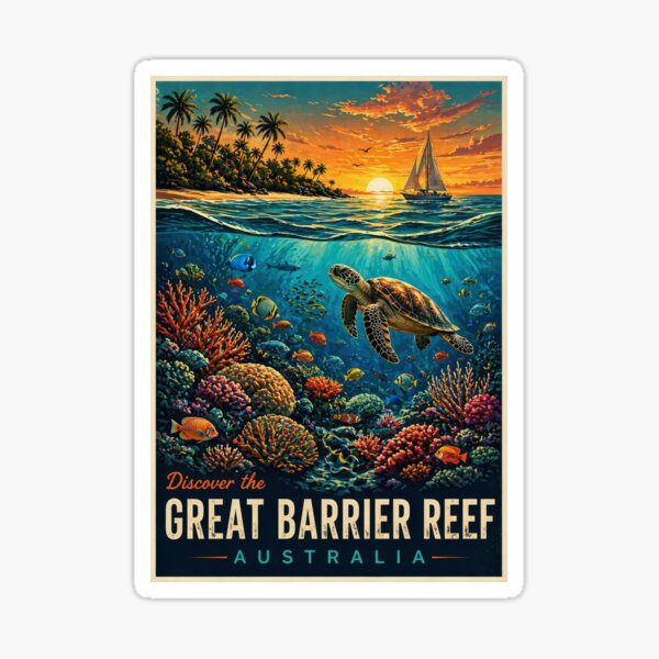 Aperçu de l'œuvre Grande Barrière de corail Australie Coucher de soleil Tortues Océan Affiche de voyage créée et vendue par pod24.