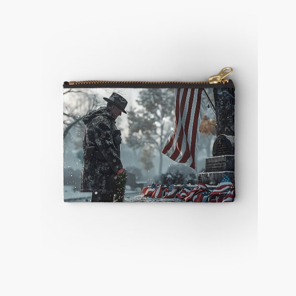 Item preview, a grizzled veteran, paying tribute to a war memorial by placing a wreath at its base. The scene is set in a memorial park. designed and sold by CheerForGoods.