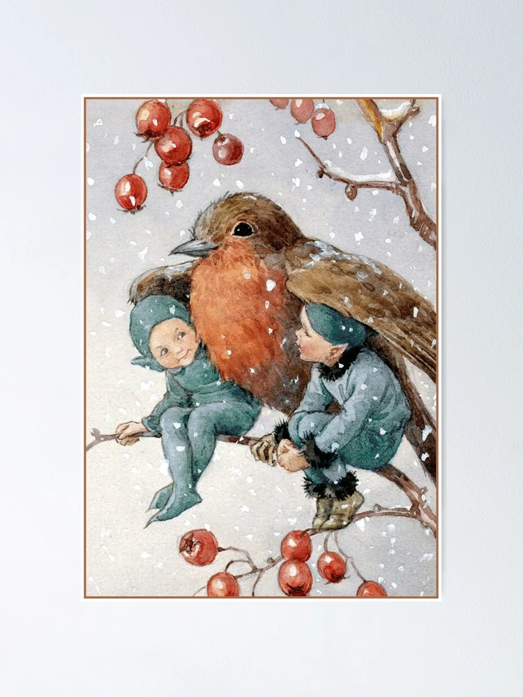 Imagen 1 de 3, Póster con la obra Duendes navideños se refugian con un petirrojo - Margaret Tarrant, diseñada y vendida por forgottenbeauty.