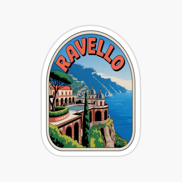 Aperçu de l'œuvre Autocollant de voyage vintage Ravello Italie créée et vendue par stickercuffs.