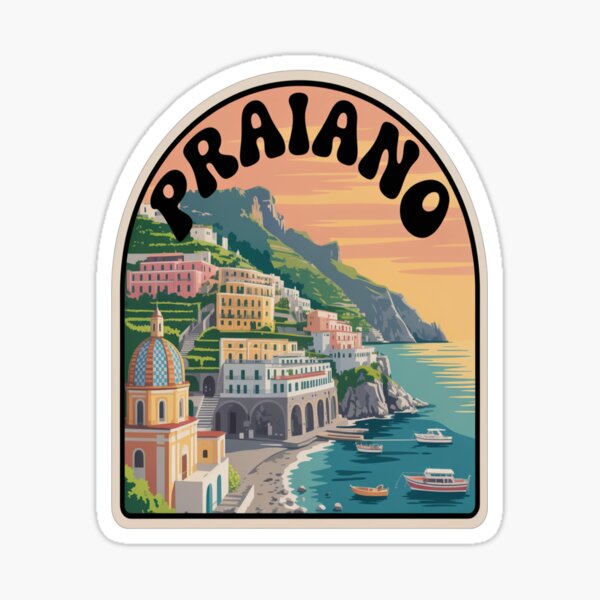 Aperçu de l'œuvre Autocollant de voyage vintage Praiano, Italie créée et vendue par stickercuffs.