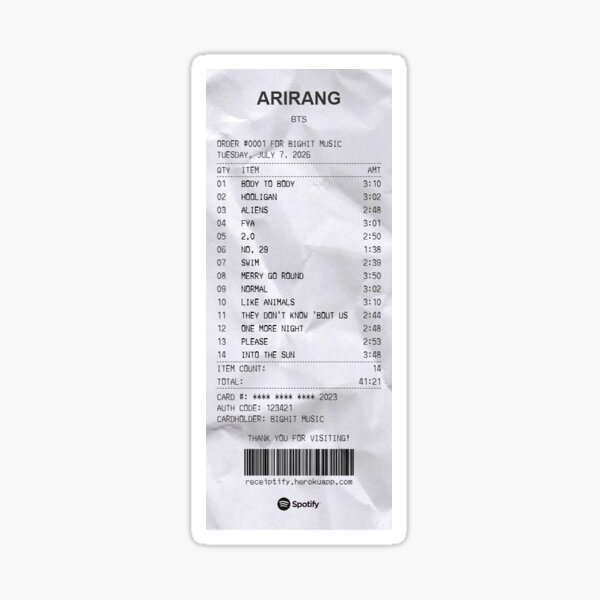 Aperçu de l'œuvre Recette de l'album ARIRANG de BTS créée et vendue par mtngbl.