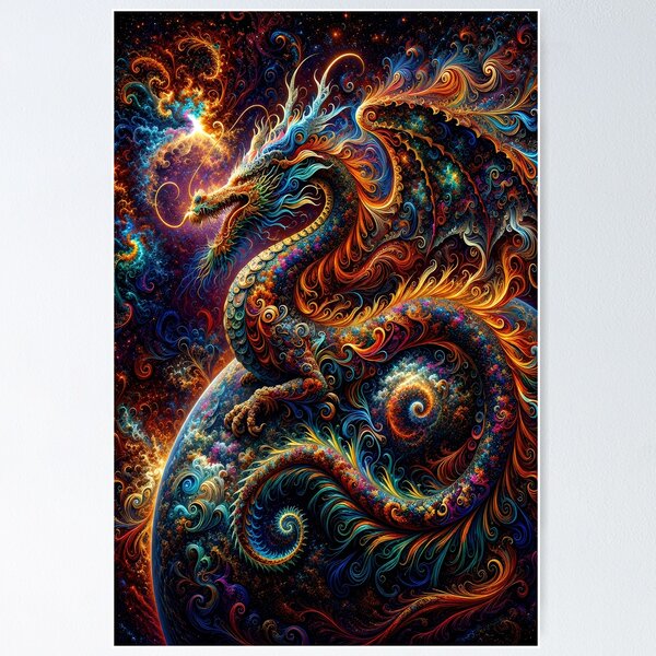 Aperçu de l'œuvre Dragon cosmique psychédélique – Art vibrant de dragon fantastique céleste créée et vendue par DrakariArt.