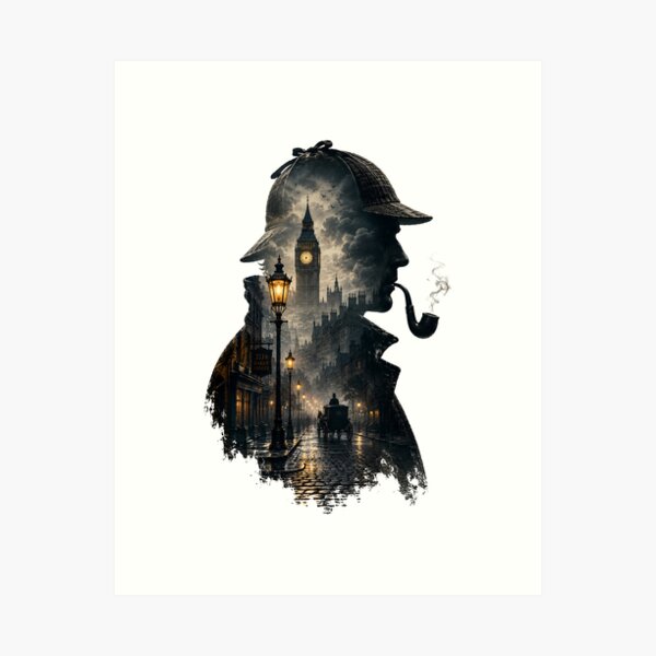 Aperçu de l'œuvre Sherlock Holmes Baker Street 221B Double exposition Noir Art créée et vendue par Fenay Designs.