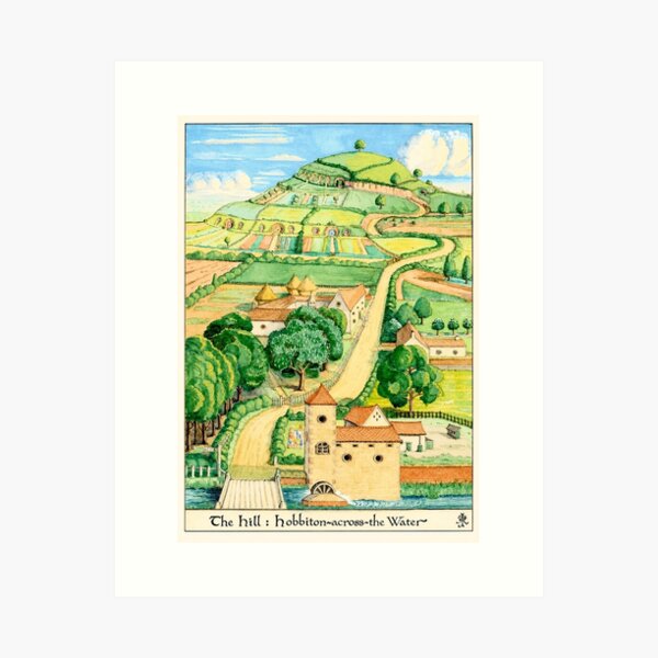 Aperçu de l'œuvre La Colline - Hobbiton - Illustrations vintage de Tolkien créée et vendue par booksnbobs.