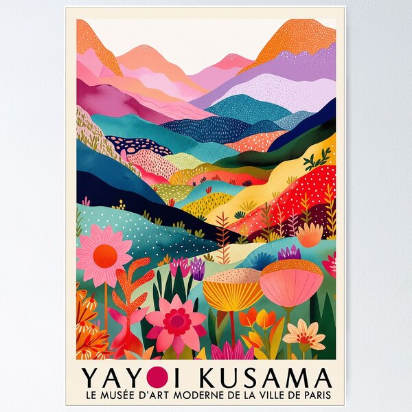 Artikelvorschau, Yayoi Kusama: Farbenfrohes Berglandschaftsposter – Lebendiger Blumen-Punkte-Kunstdruck, Pariser Museumsedition entworfen und verkauft von scrambledpeg.