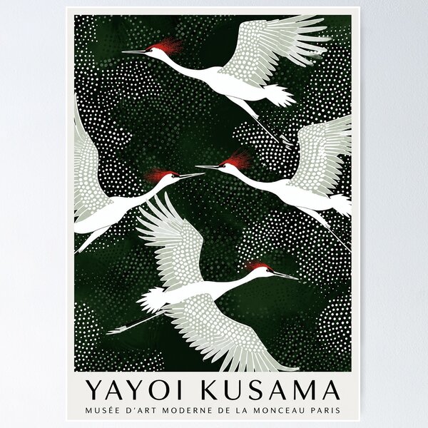 Artikelvorschau, Poster „Fliegende Kraniche“ von Yayoi Kusama – Kunstdruck mit weißen Vögeln, grünes Punktmuster, Pariser Museum entworfen und verkauft von Susanspy007.