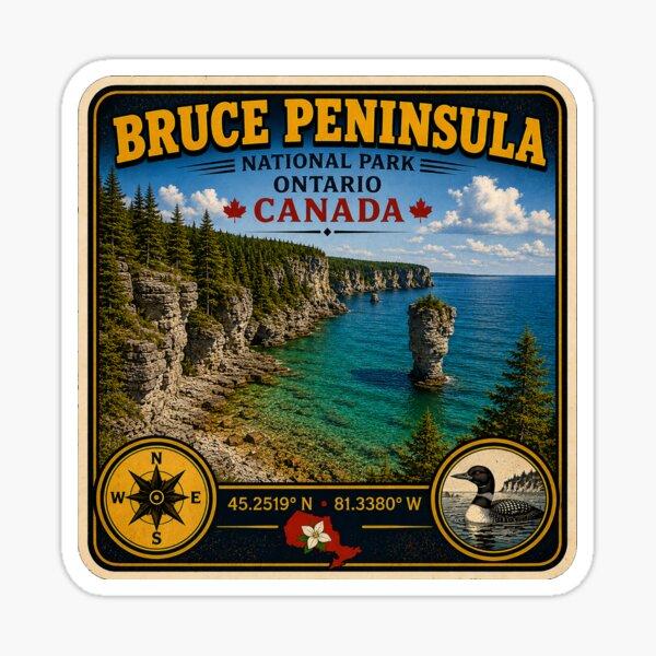 Artikelvorschau, Bruce-Peninsula-Nationalpark – Vintage-Reiseaufkleber | Abenteuer an der Küste Ontarios entworfen und verkauft von naturalsurvival.