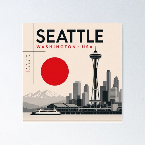Artikelvorschau, Seattle-Poster im Schweizer Stil entworfen und verkauft von CMYKStudio.