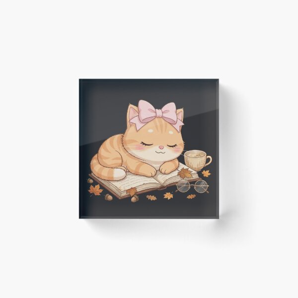 Aperçu de l'œuvre Livre mignon d'automne avec un chat endormi et des feuilles de lecture confortables créée et vendue par Luna's World .