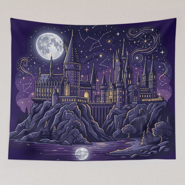 Aperçu de l'œuvre Château de magicien céleste sous un ciel étoilé - Illustration fantaisiste d'une académie magique créée et vendue par KreonaTime.