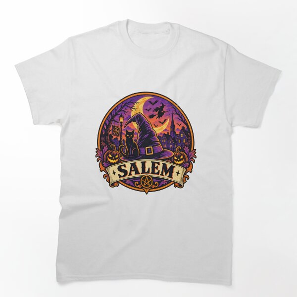 Aperçu de l'œuvre T-shirt Salem Halloween – Chapeau de sorcière style rétro vintage avec badge créée et vendue par Globalcitytees.