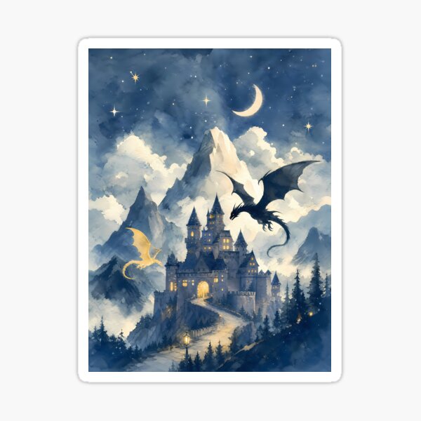 Aperçu de l'œuvre Château fantastique de Basgiath et des dragons la nuit créée et vendue par Rising Drake.
