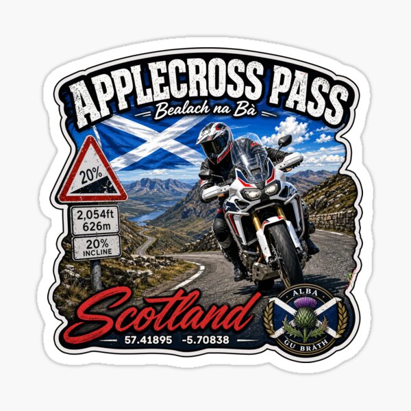 Aperçu de l'œuvre Bealach na Ba, col d'Applecross, col du bétail, Écosse. Autocollant et t-shirt moto 04 créée et vendue par OuterShellUK.