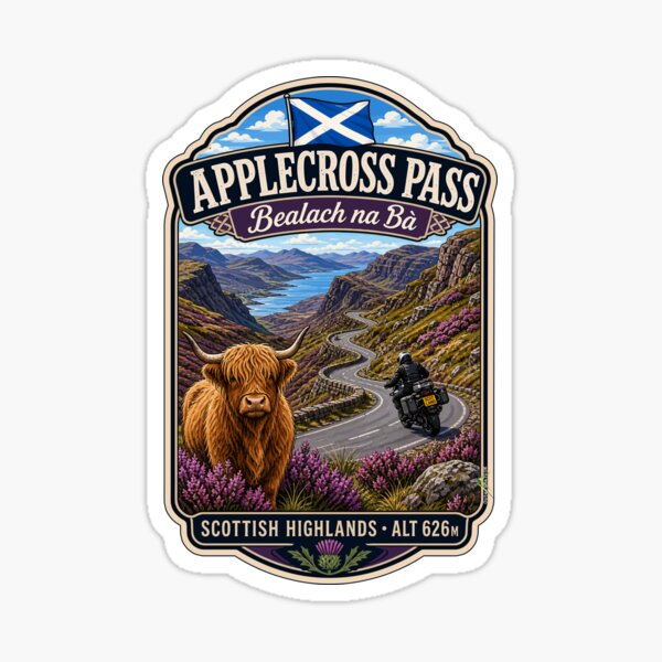 Aperçu de l'œuvre Bealach na Ba, col d'Applecross, col du bétail, Écosse. Autocollant et t-shirt moto 07 créée et vendue par OuterShellUK.