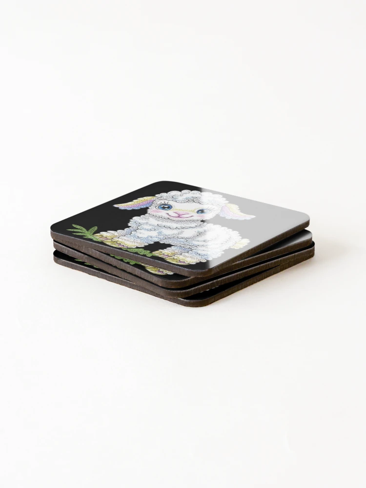 Thumbnail 4 of 5, Coasters (Set of 4), Adorable Cartoon Lamb on Black designed and sold by sreabby.