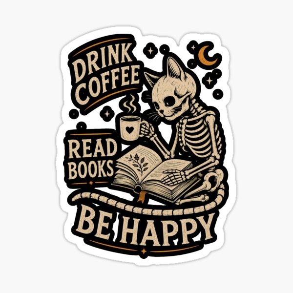 Aperçu de l'œuvre Chat squelette rigolo - Bois du café, lis des livres, sois heureux créée et vendue par legendaryskins.