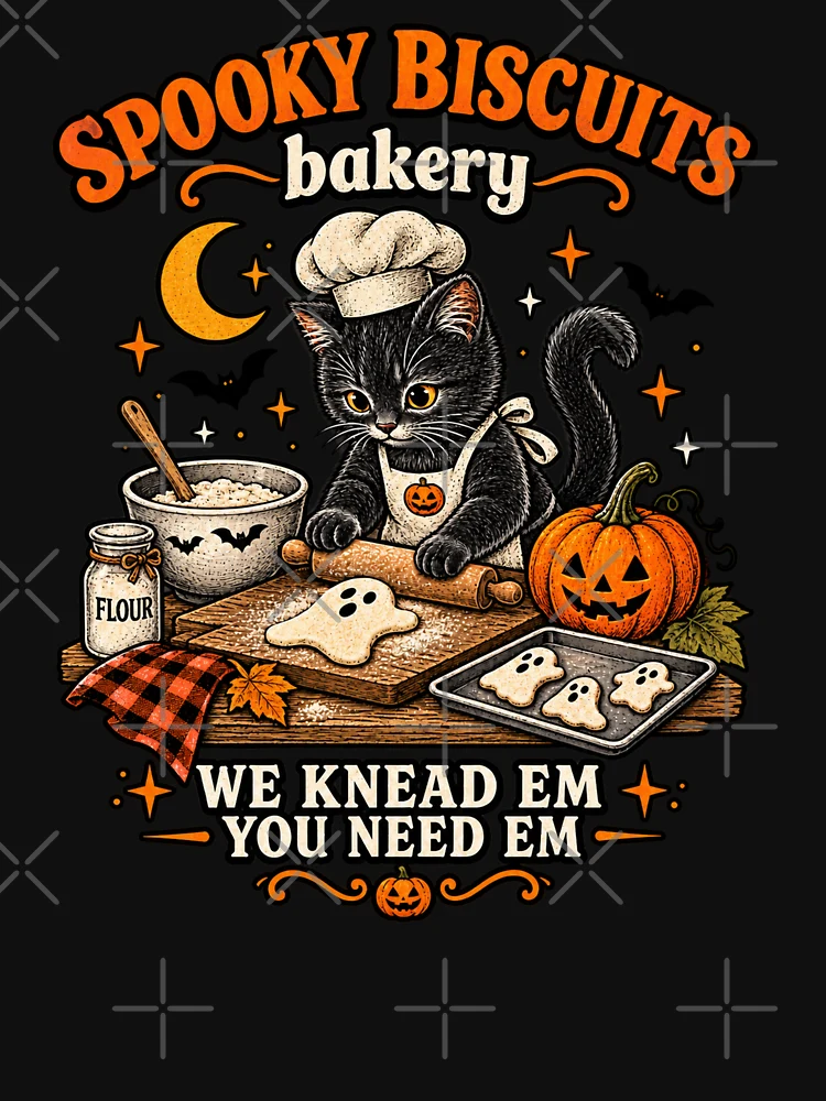 Aperçu 7 sur 7. T-shirt essentiel avec l'œuvre Chat de la boulangerie Spooky Biscuits – Chat noir mignon qui pâtisse pour Halloween créée et vendue par will freed18.