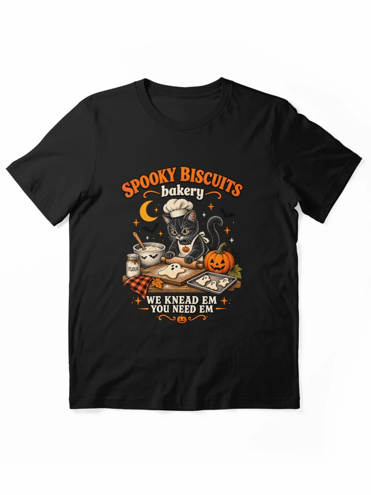 Aperçu 1 sur 7. T-shirt essentiel avec l'œuvre Chat de la boulangerie Spooky Biscuits – Chat noir mignon qui pâtisse pour Halloween créée et vendue par will freed18.