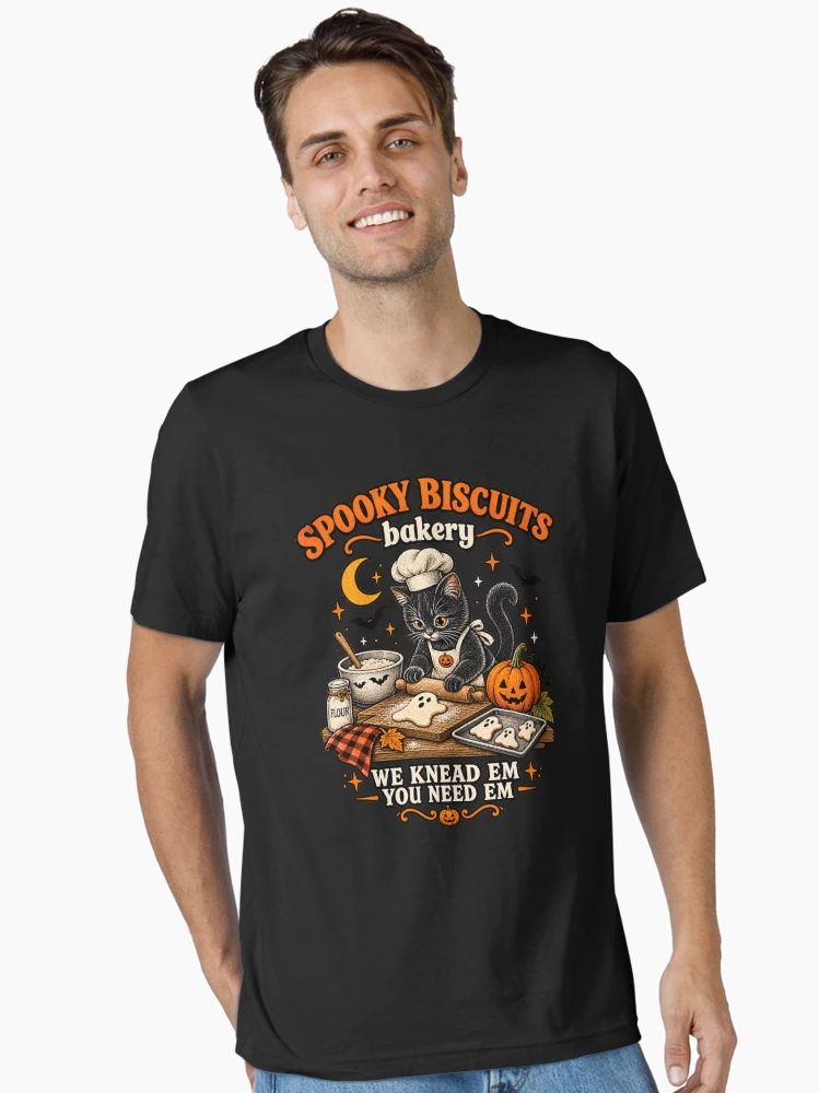 Aperçu 2 sur 7. T-shirt essentiel avec l'œuvre Chat de la boulangerie Spooky Biscuits – Chat noir mignon qui pâtisse pour Halloween créée et vendue par will freed18.