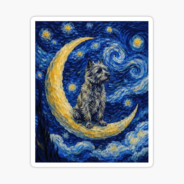 Artikelvorschau, Lustiges Gemälde eines Cairn Terriers mit Sternenhimmel, süßer Mond und Sterne, Mama, Papa, Kinder entworfen und verkauft von FurryHavenPH.