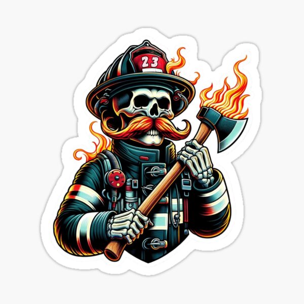 Item preview, Bombero esqueleto con bigote llameante y hacha designed and sold by BrinaandPops.