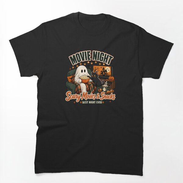 Aperçu de l'œuvre T-shirt douillet fantôme pour soirée cinéma | Motif canapé d'Halloween créée et vendue par MOCH- ART.