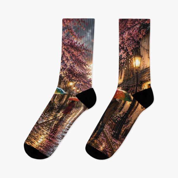 Item preview, Cherry Blossom Rain – Romantic Rainy Street at Golden Hour designed and sold by DreamyWallVibes.