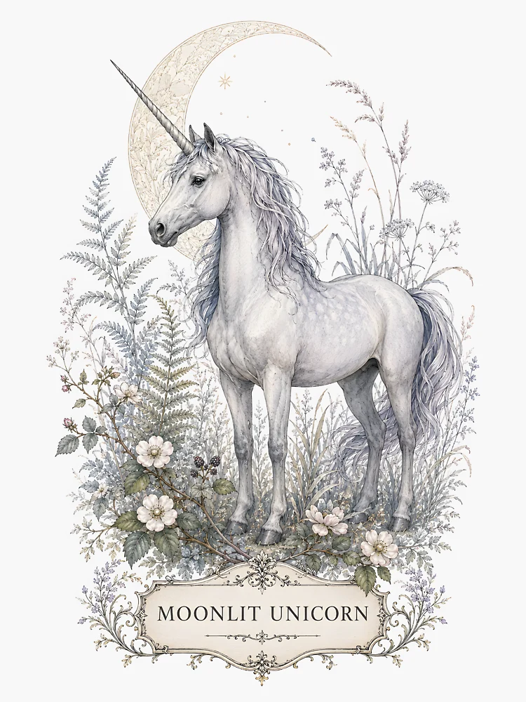 Imagen 3 de 3, Pegatina con la obra Unicornio a la luz de la luna - Jardín botánico nocturno, diseñada y vendida por Shadow Sprite Art.