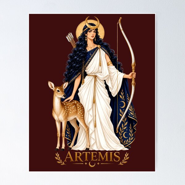 Aperçu de l'œuvre Artémis, déesse grecque de la Lune et de la chasse, avec un cerf et un arc. créée et vendue par MythicMood.