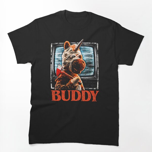 Aperçu de l'œuvre Film d'horreur Buddy Licorne Orange créée et vendue par Eh Plus Designs.