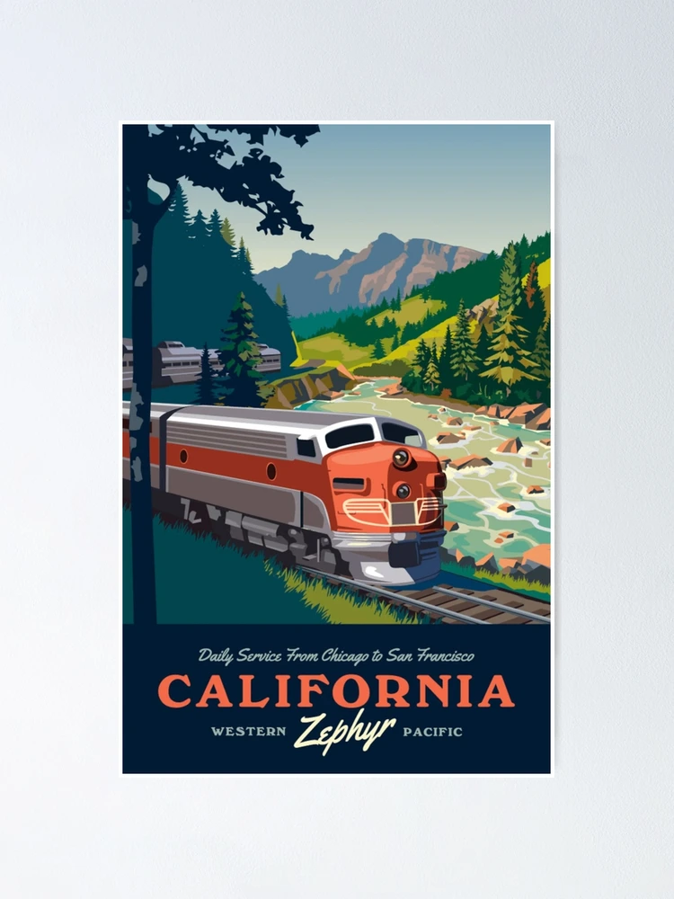 Aperçu 1 sur 3. Poster avec l'œuvre Affiche, t-shirt ou gilet représentant une locomotive à vapeur Zephyr California Railway. créée et vendue par Cool Robot Bro..