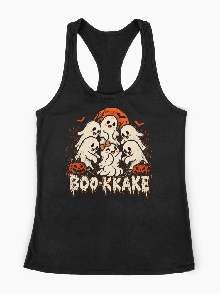 Aperçu 1 sur 4. Débardeur dos nageur avec l'œuvre Boo-kkake Jeu de mots d'Halloween avec un groupe de fantômes mignons créée et vendue par NoeValdric.