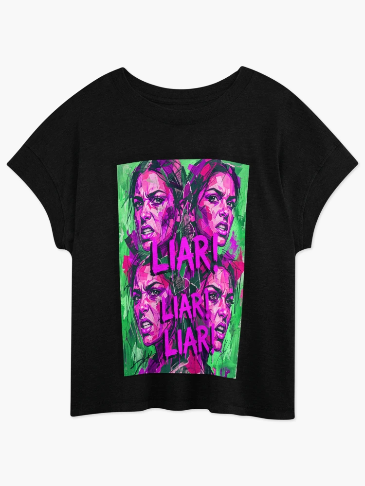 Aperçu 1 sur 4. T-shirt décontracté avec l'œuvre UNE FEMME DÉNONCE UN MENTEUR, créée et vendue par NOIMION DIGITAL ART.
