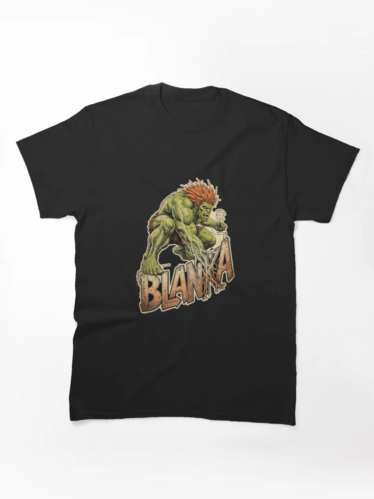 Aperçu 1 sur 7. T-shirt classique avec l'œuvre Design de Blanka dans Street Fighter, Illustration de Blanka la Bête, Graphisme de Blanka dans Street Fighter, Illustration de Blanka pour jeu de combat, Tonnerre Électrique, Attaque Roulante, Cadeau de jeu d'arcade, Fan art Capcom créée et vendue par Typologystudios.