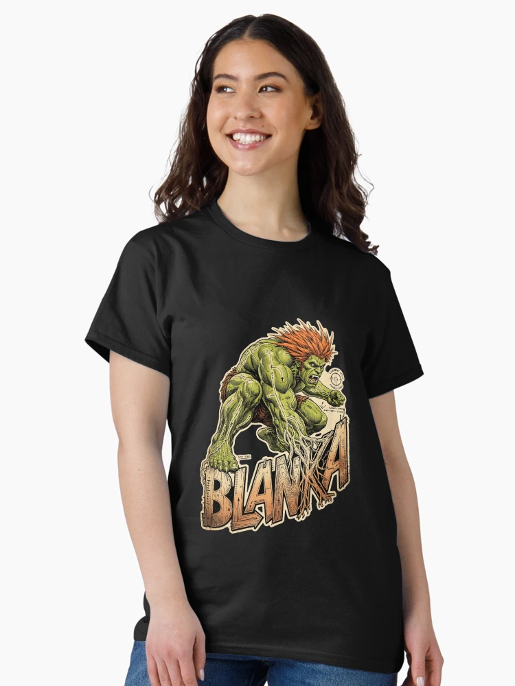 Aperçu 3 sur 7. T-shirt classique avec l'œuvre Design de Blanka dans Street Fighter, Illustration de Blanka la Bête, Graphisme de Blanka dans Street Fighter, Illustration de Blanka pour jeu de combat, Tonnerre Électrique, Attaque Roulante, Cadeau de jeu d'arcade, Fan art Capcom créée et vendue par Typologystudios.