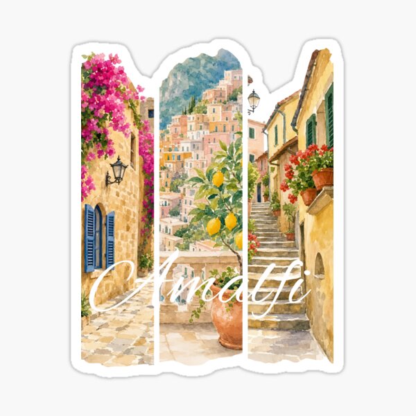 Aperçu de l'œuvre Côte amalfitaine, Italie – Aquarelle vintage de voyage en Méditerranée créée et vendue par SoftLifeClub.