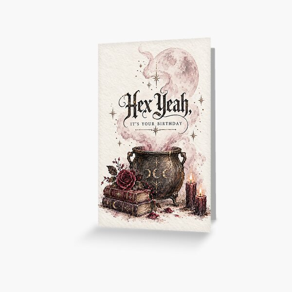 Aperçu de l'œuvre Carte d'anniversaire sorcière Hex Yeah Chaudron Humour gothique créée et vendue par ArcanePrintsxo.