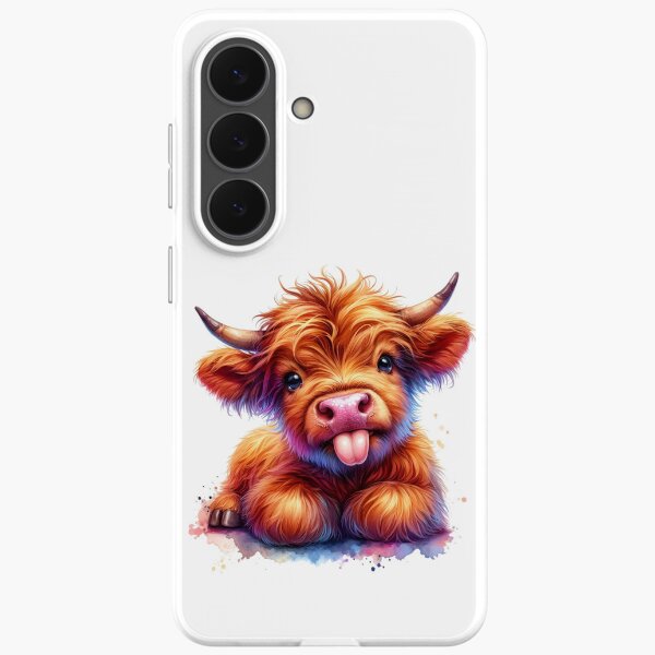 Aperçu de l'œuvre Mignon bébé écossais Highland vache veau qui sort la langue aquarelle colorée créée et vendue par MaedK.