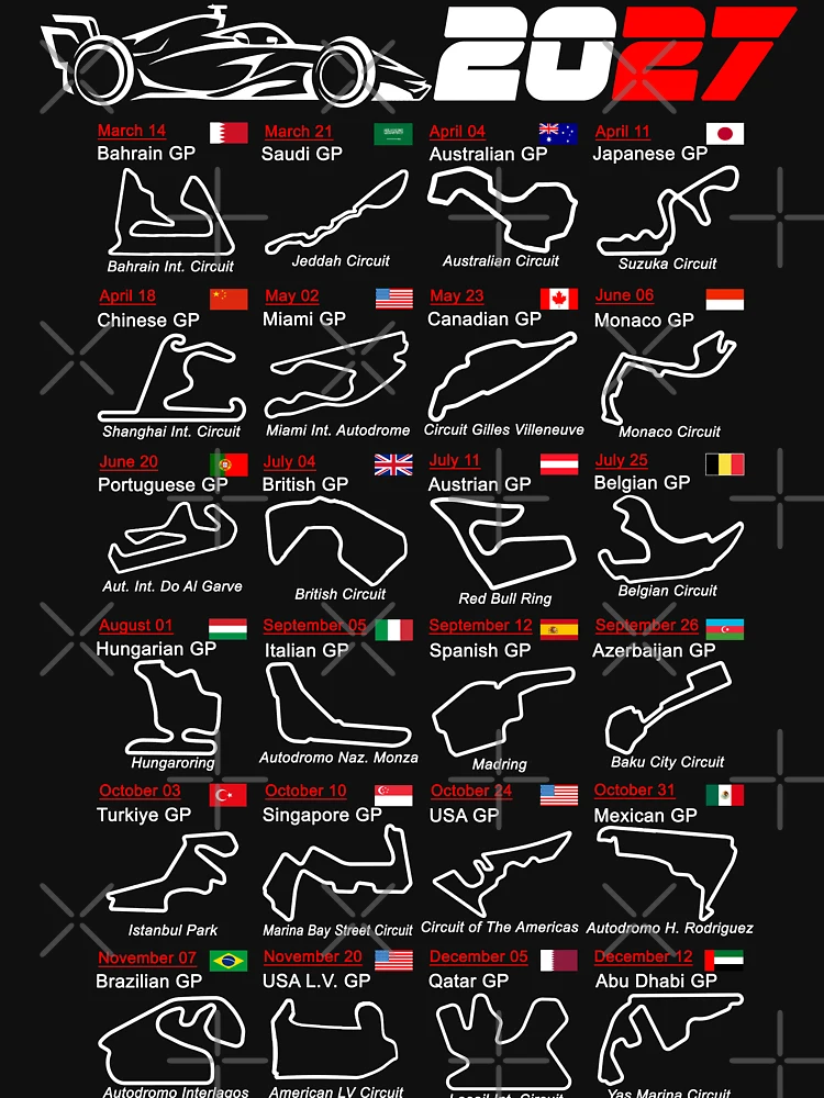 Thumbnail 7 von 7, Essential T-Shirt, Kalender Formel-Rennwagen 2027 benannte Rennstrecken designt und verkauft von ideasfinder.
