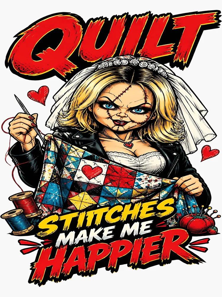 Imagen 3 de 3, Pegatina con la obra Las puntadas de la colcha me hacen más feliz – Regalo divertido para quilters góticos y espeluznantes, diseñada y vendida por MAJCO-ART.