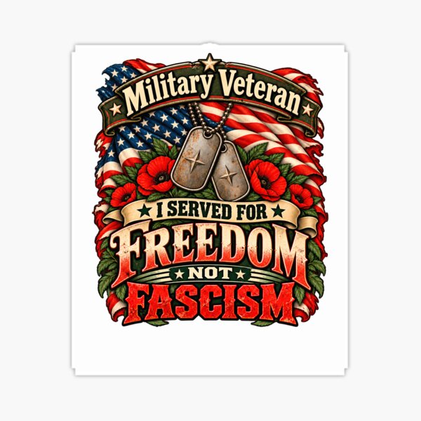 Aperçu de l'œuvre T-shirt « Ancien combattant : J’ai servi pour la liberté, pas pour le fascisme », T-shirt patriotique pour vétéran, Plaque d’identité militaire avec drapeau américain et coquelicot créée et vendue par AwakenedSoul.