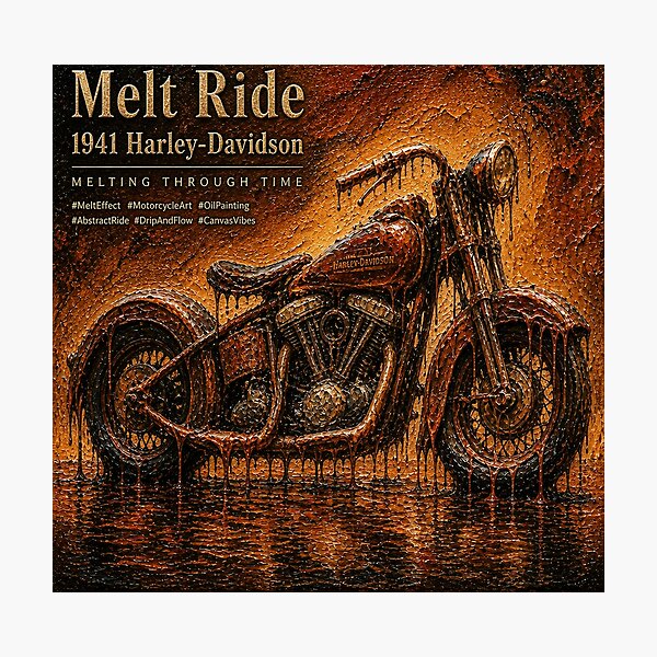 Artikelvorschau, Schmelzendes Harley-Davidson-Motorrad von 1941 – Surrealistisches Ölgemälde entworfen und verkauft von An Old Mans Art.