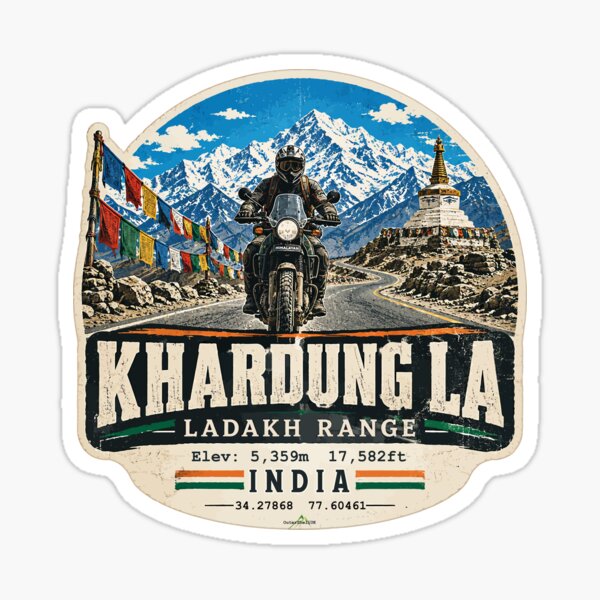 Item preview, Khardung La India Ladakh Range Motorcycle Sticker TShirt 04 designed and sold by OuterShellUK.